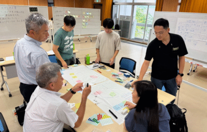 受講者が机に集まり付箋を貼りながら考える図