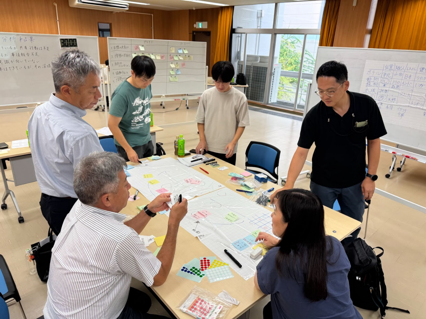 受講者が机に集まり付箋を貼りながら考える図